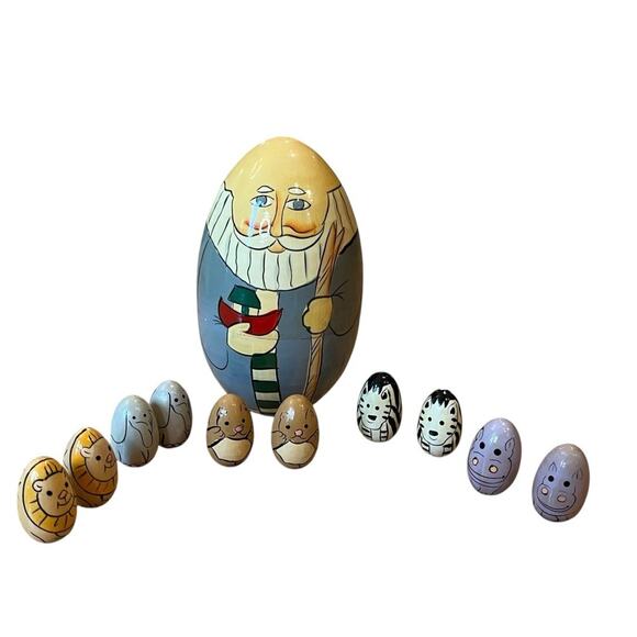 Vintage Terry's Village Hand Painted Noah's Ark Nesting Doll W/ 10 Egg Animals - Picture 1 of 8